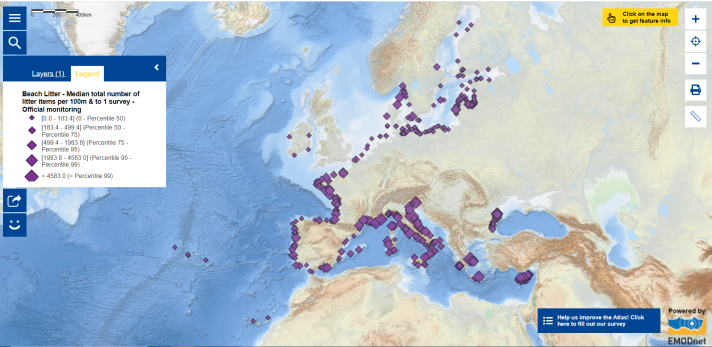 This map shows the total abundance (number of items) of marine litter per beach per year from Marine Strategy Framework Directive (MSFD) monitoring. Median total number of litter items per 100m & to 1 survey vary from the smallest category (0.0 - 183.4) to the largest category (> 4583.0).