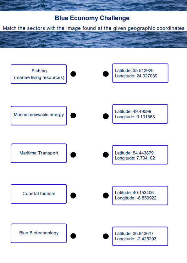 This worksheet can be used by teachers and students to connect the geographical coordinates of the images they have found in the 2024 EMD in My Country map layer with the different sectors of the blue economy.