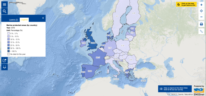 This map shows the ratio of Marine Protected Area (MPA) and terrestrial area for each European country.