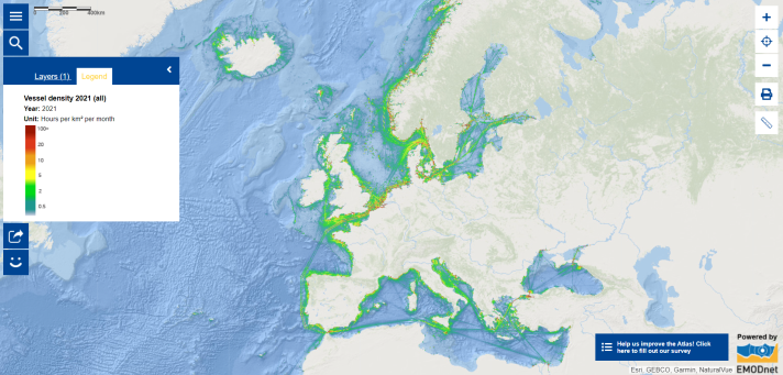 This map shows the maritime traffic on the European seas. The vessel density is expressed as the number of hours per month that ships spent in each square kilometre.