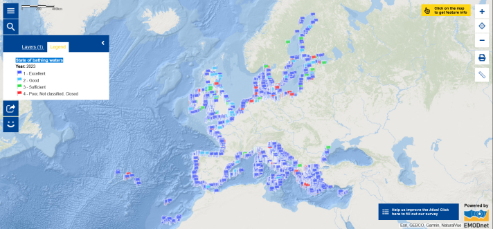 This map gives an overview of the bathing water quality (e.g. excellent, good, sufficient and poor) along the European coasts. 
