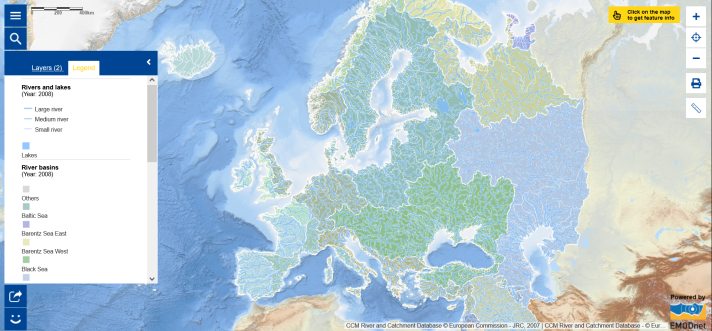 This map shows the main European rivers and lakes and various river drainage basins, grouped according to the sea into which the water drains.