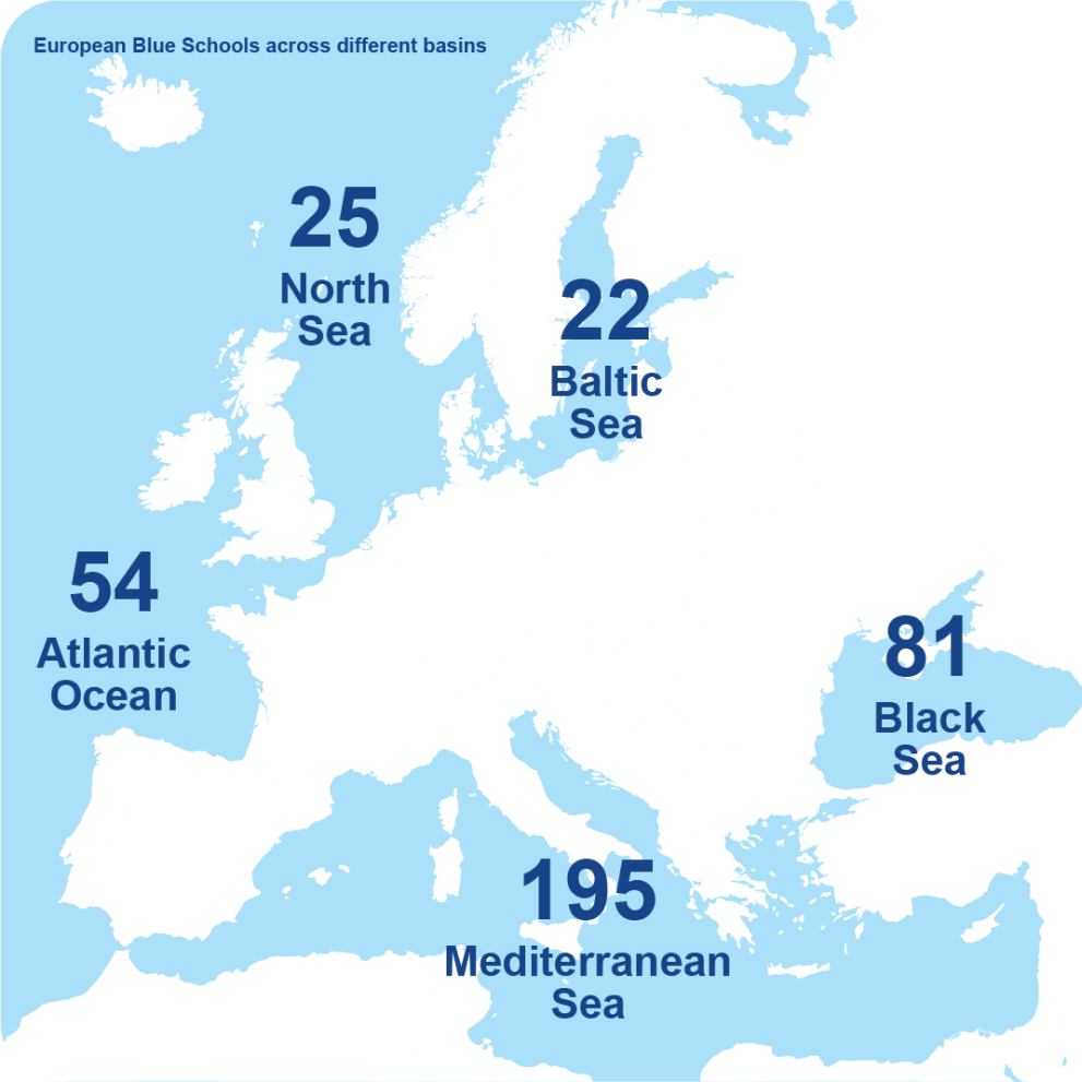 A map of Europe and its bodies of water numbering the number of European Blue Schools 